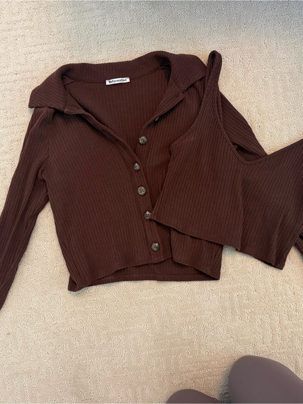 Reformation Dark Brown Ribbed Button-Down Shirt